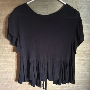 Black Open Back Tie Ruffle Blouse